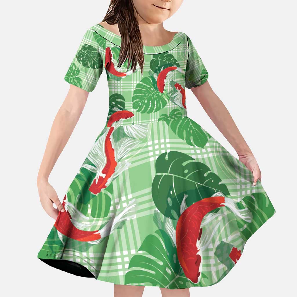 Lime Palaka Hawaii Aloha Family Matching Off Shoulder Maxi Dress and Hawaiian Shirt Koi Pond Mix Monstera - Polynesian Pride