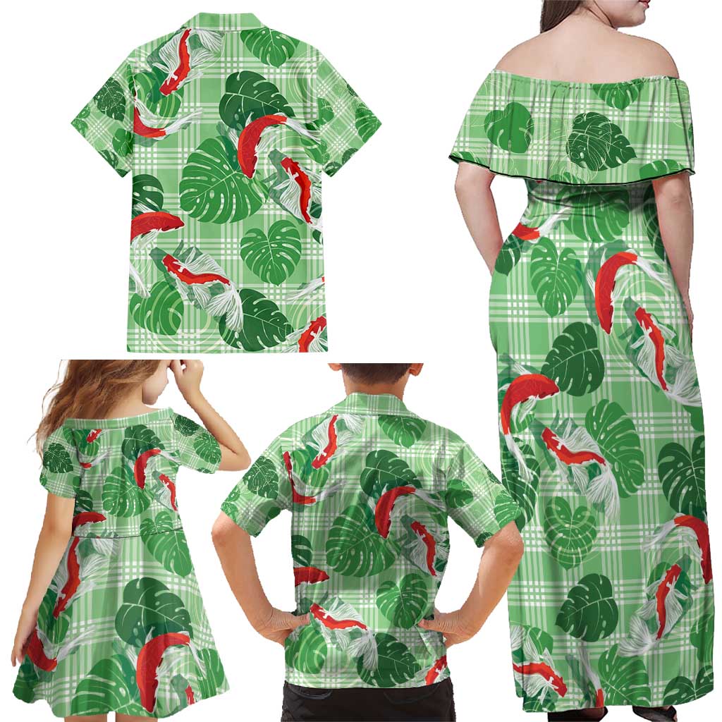 Lime Palaka Hawaii Aloha Family Matching Off Shoulder Maxi Dress and Hawaiian Shirt Koi Pond Mix Monstera - Polynesian Pride