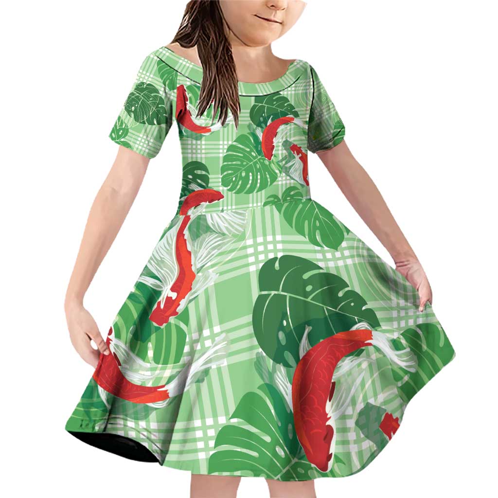 Lime Palaka Hawaii Aloha Family Matching Off Shoulder Short Dress and Hawaiian Shirt Koi Pond Mix Monstera - Polynesian Pride