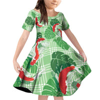Lime Palaka Hawaii Aloha Family Matching Off Shoulder Short Dress and Hawaiian Shirt Koi Pond Mix Monstera - Polynesian Pride