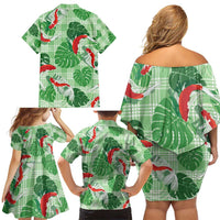 Lime Palaka Hawaii Aloha Family Matching Off Shoulder Short Dress and Hawaiian Shirt Koi Pond Mix Monstera - Polynesian Pride