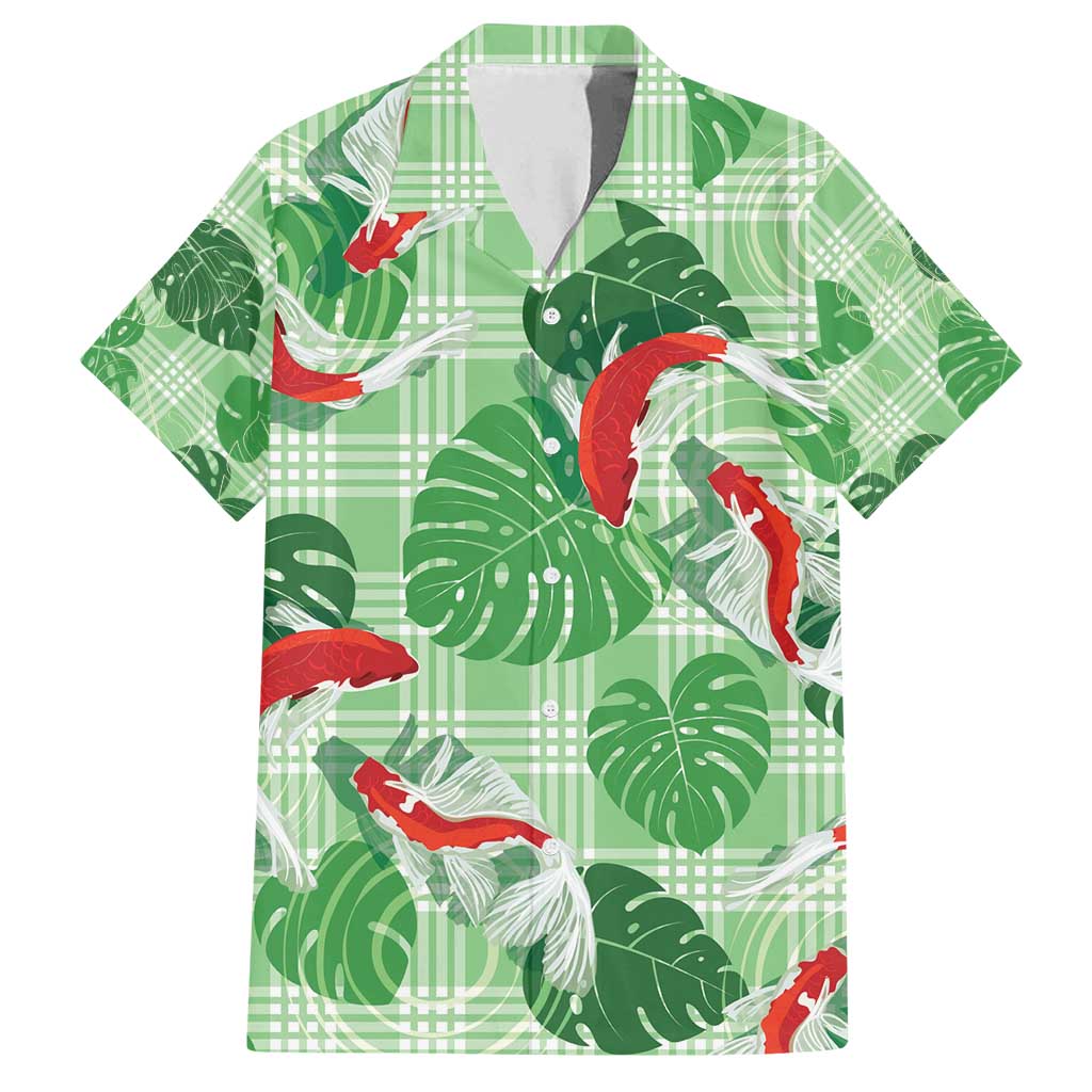 Lime Palaka Hawaii Aloha Family Matching Off Shoulder Short Dress and Hawaiian Shirt Koi Pond Mix Monstera - Polynesian Pride
