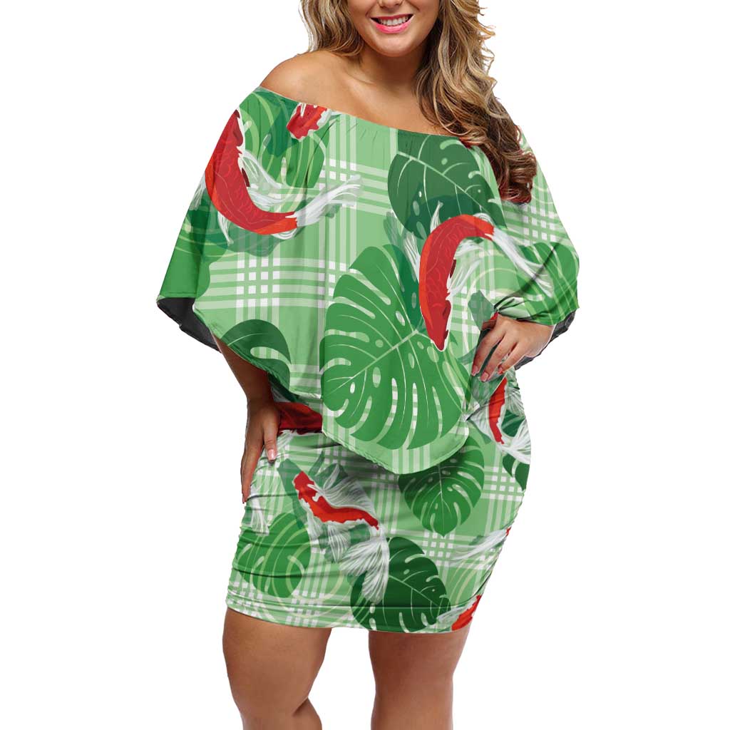 Lime Palaka Hawaii Aloha Family Matching Off Shoulder Short Dress and Hawaiian Shirt Koi Pond Mix Monstera - Polynesian Pride