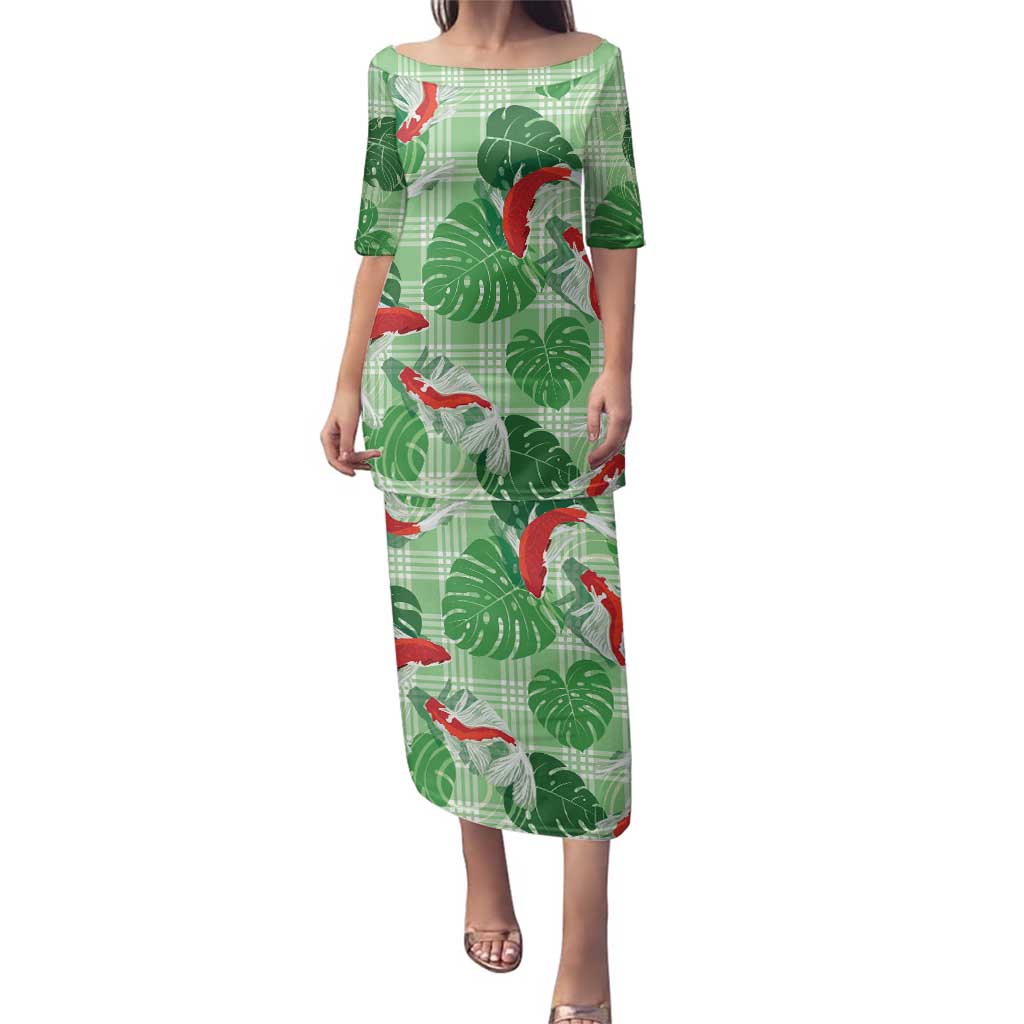 Lime Palaka Hawaii Aloha Family Matching Puletasi and Hawaiian Shirt Koi Pond Mix Monstera - Polynesian Pride