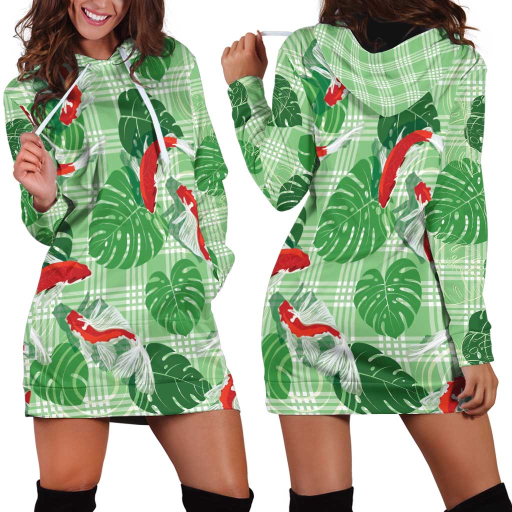 Lime Palaka Hawaii Aloha Hoodie Dress Koi Pond Mix Monstera - Polynesian Pride