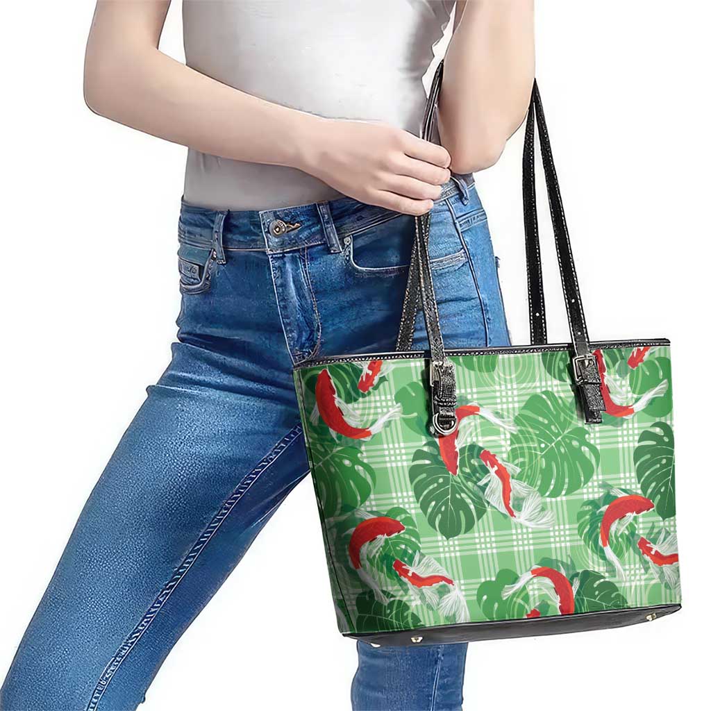 Lime Palaka Hawaii Aloha Leather Tote Bag Koi Pond Mix Monstera - Polynesian Pride
