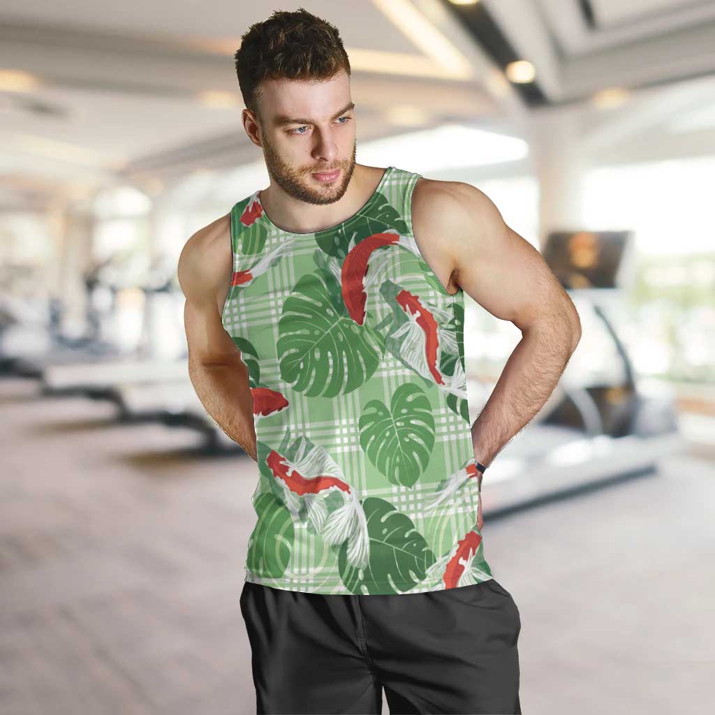 Lime Palaka Hawaii Aloha Men Tank Top Koi Pond Mix Monstera - Polynesian Pride