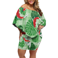 Lime Palaka Hawaii Aloha Off Shoulder Short Dress Koi Pond Mix Monstera - Polynesian Pride