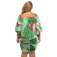 Lime Palaka Hawaii Aloha Off Shoulder Short Dress Koi Pond Mix Monstera - Polynesian Pride