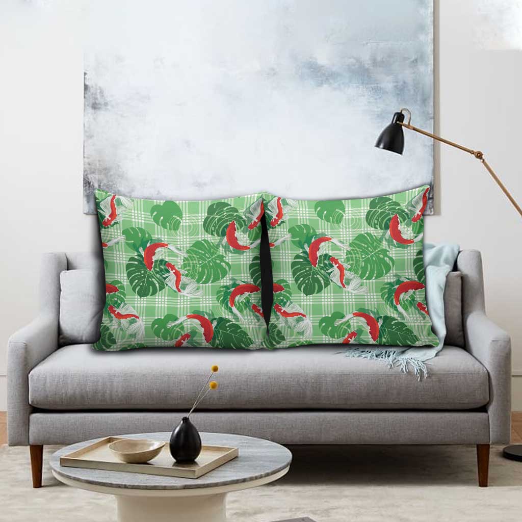 Lime Palaka Hawaii Aloha Pillow Cover Koi Pond Mix Monstera - Polynesian Pride