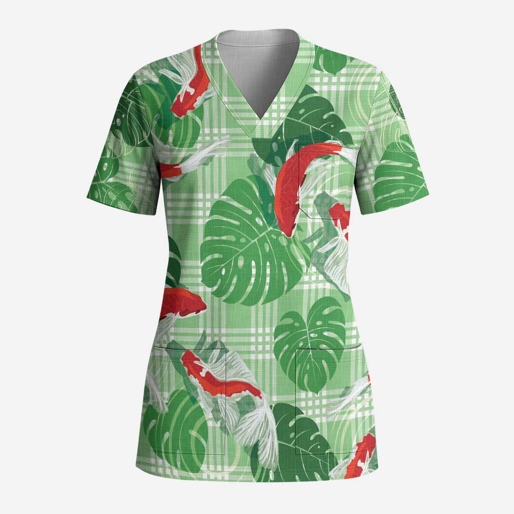 Lime Palaka Hawaii Aloha Scrub Top Koi Pond Mix Monstera - Polynesian Pride