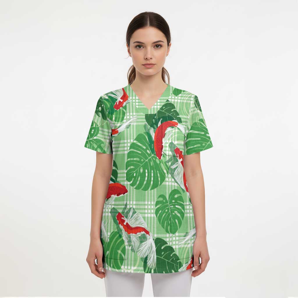 Lime Palaka Hawaii Aloha Scrub Top Koi Pond Mix Monstera - Polynesian Pride