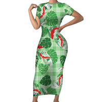 Lime Palaka Hawaii Aloha Short Sleeve Bodycon Dress Koi Pond Mix Monstera - Polynesian Pride