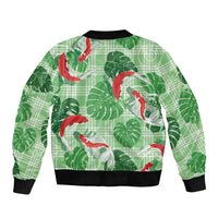 Lime Palaka Hawaii Aloha Sleeve Zip Bomber Jacket Koi Pond Mix Monstera - Polynesian Pride