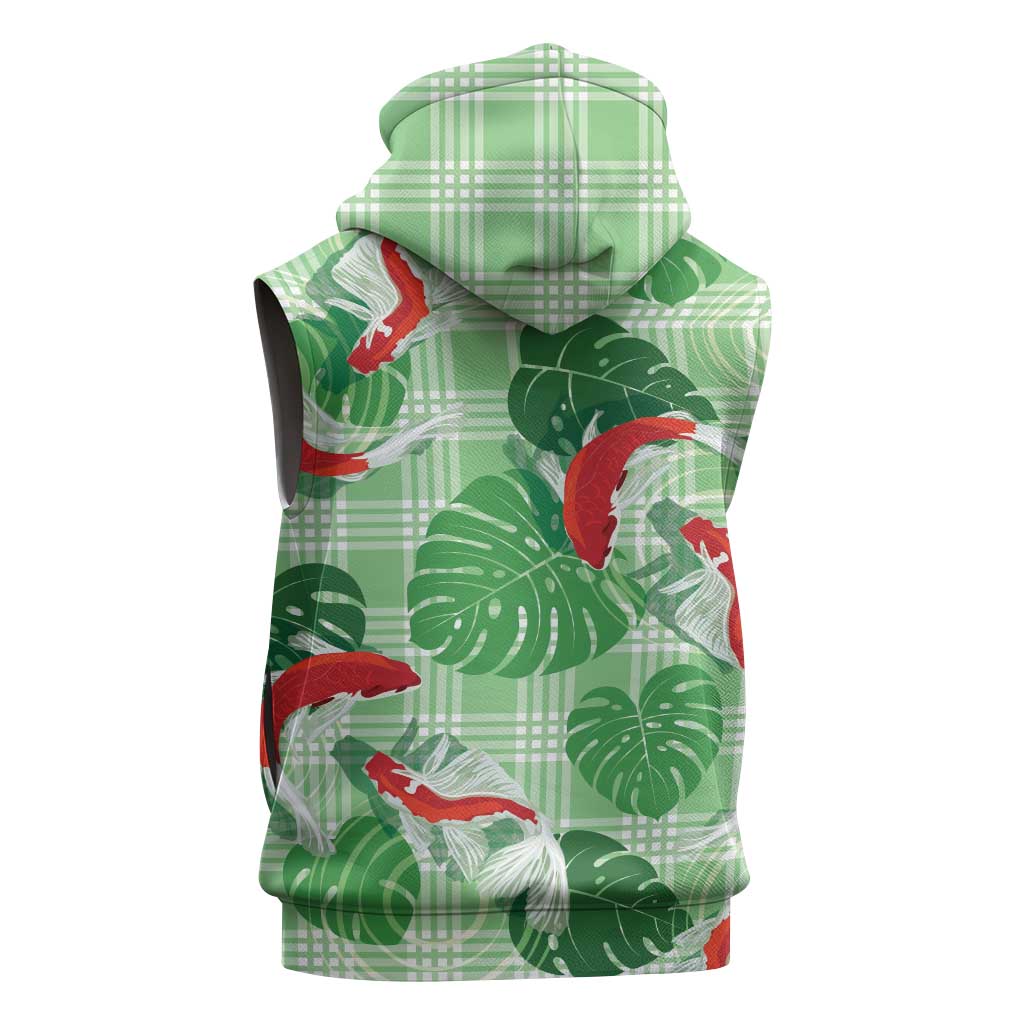 Lime Palaka Hawaii Aloha Sleeveless Hoodie Koi Pond Mix Monstera - Polynesian Pride