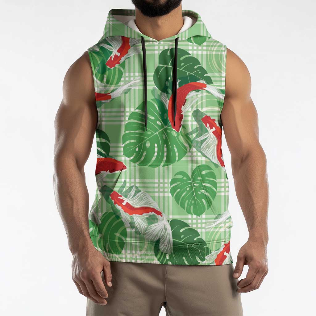 Lime Palaka Hawaii Aloha Sleeveless Hoodie Koi Pond Mix Monstera - Polynesian Pride