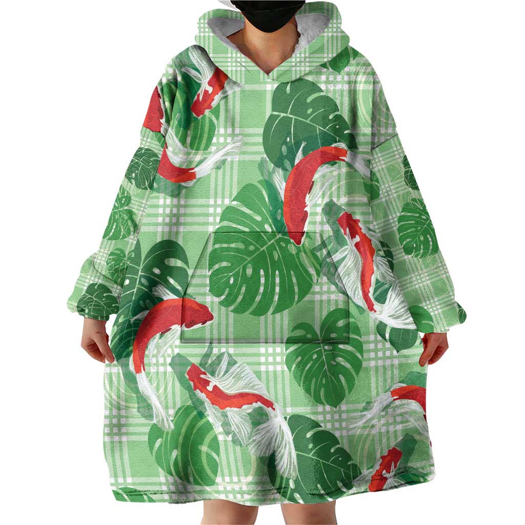 Lime Palaka Hawaii Aloha Wearable Blanket Hoodie Koi Pond Mix Monstera - Polynesian Pride