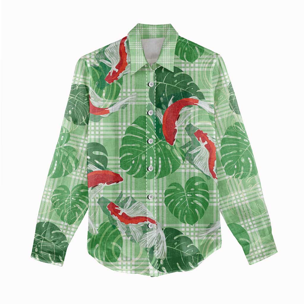 Lime Palaka Hawaii Aloha Women Casual Shirt Koi Pond Mix Monstera - Polynesian Pride