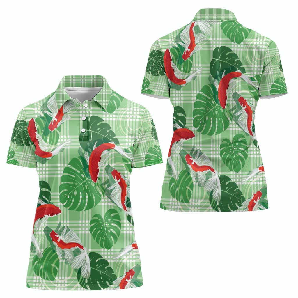 Lime Palaka Hawaii Aloha Women Polo Shirt Koi Pond Mix Monstera - Polynesian Pride