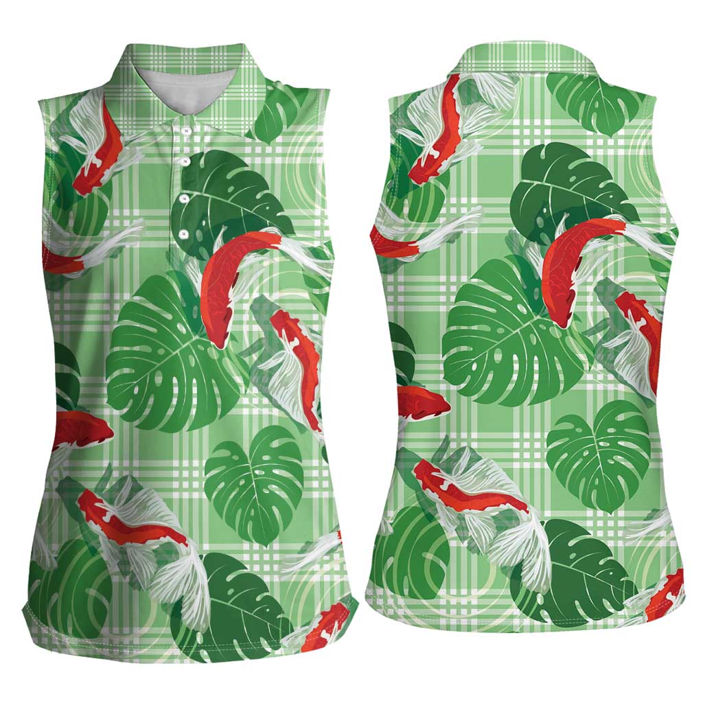 Lime Palaka Hawaii Aloha Women Sleeveless Polo Shirt Koi Pond Mix Monstera - Polynesian Pride