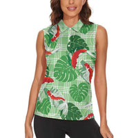 Lime Palaka Hawaii Aloha Women Sleeveless Polo Shirt Koi Pond Mix Monstera - Polynesian Pride