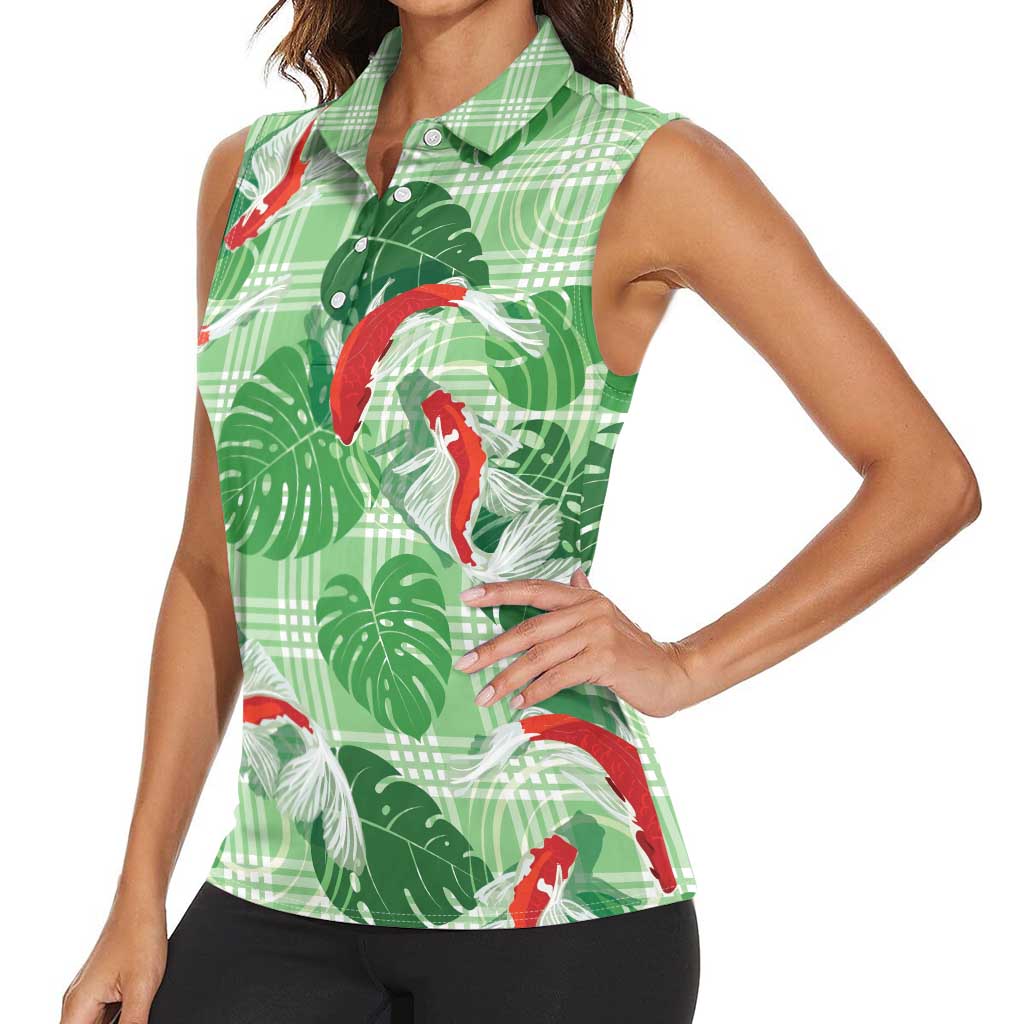 Lime Palaka Hawaii Aloha Women Sleeveless Polo Shirt Koi Pond Mix Monstera - Polynesian Pride