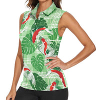 Lime Palaka Hawaii Aloha Women Sleeveless Polo Shirt Koi Pond Mix Monstera - Polynesian Pride