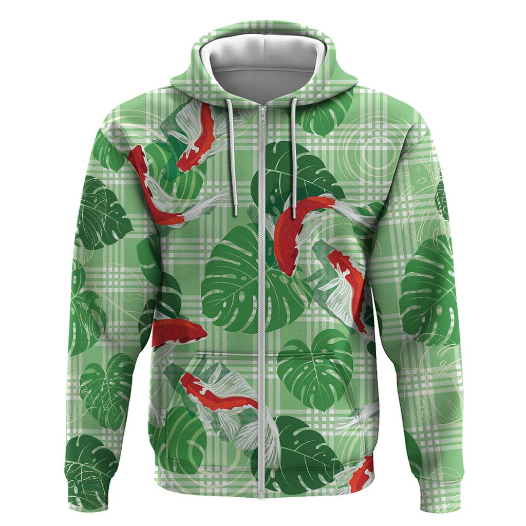 Lime Palaka Hawaii Aloha Zip Hoodie Koi Pond Mix Monstera - Polynesian Pride