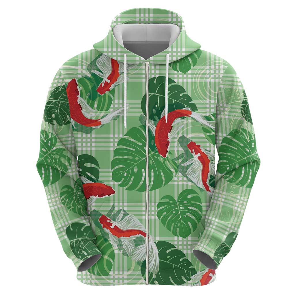 Lime Palaka Hawaii Aloha Zip Hoodie Koi Pond Mix Monstera - Polynesian Pride