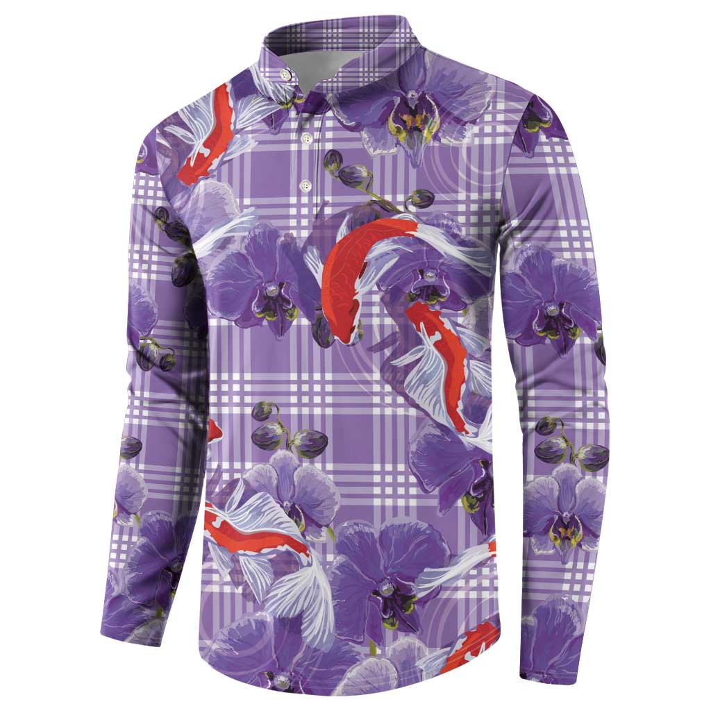 Lavender Palaka Hawaii Aloha Button Sweatshirt Koi Pond Mix Orchids - Polynesian Pride