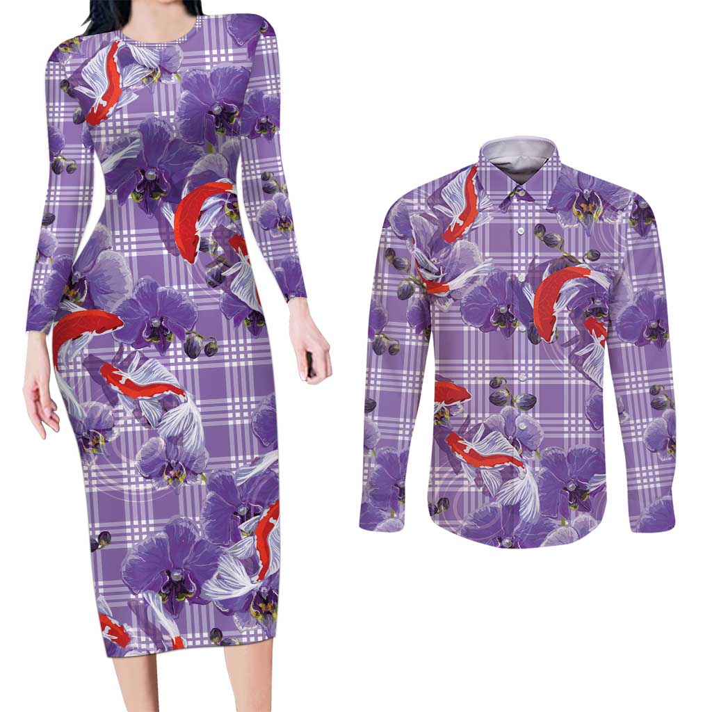 Lavender Palaka Hawaii Aloha Couples Matching Long Sleeve Bodycon Dress and Long Sleeve Button Shirt Koi Pond Mix Orchids LT7 Purple - Polynesian Pride