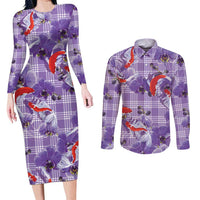 Lavender Palaka Hawaii Aloha Couples Matching Long Sleeve Bodycon Dress and Long Sleeve Button Shirt Koi Pond Mix Orchids LT7 Purple - Polynesian Pride