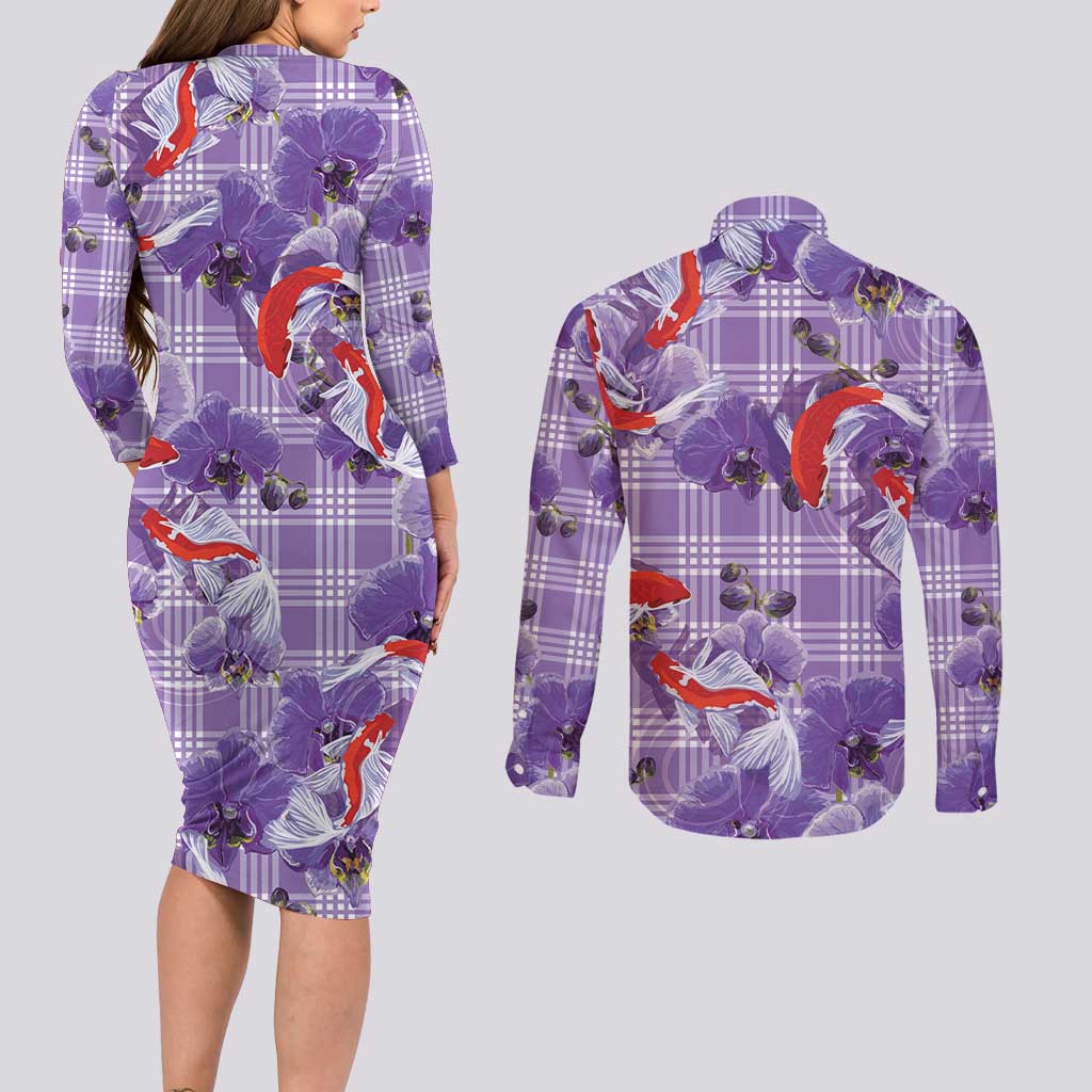 Lavender Palaka Hawaii Aloha Couples Matching Long Sleeve Bodycon Dress and Long Sleeve Button Shirt Koi Pond Mix Orchids LT7 - Polynesian Pride