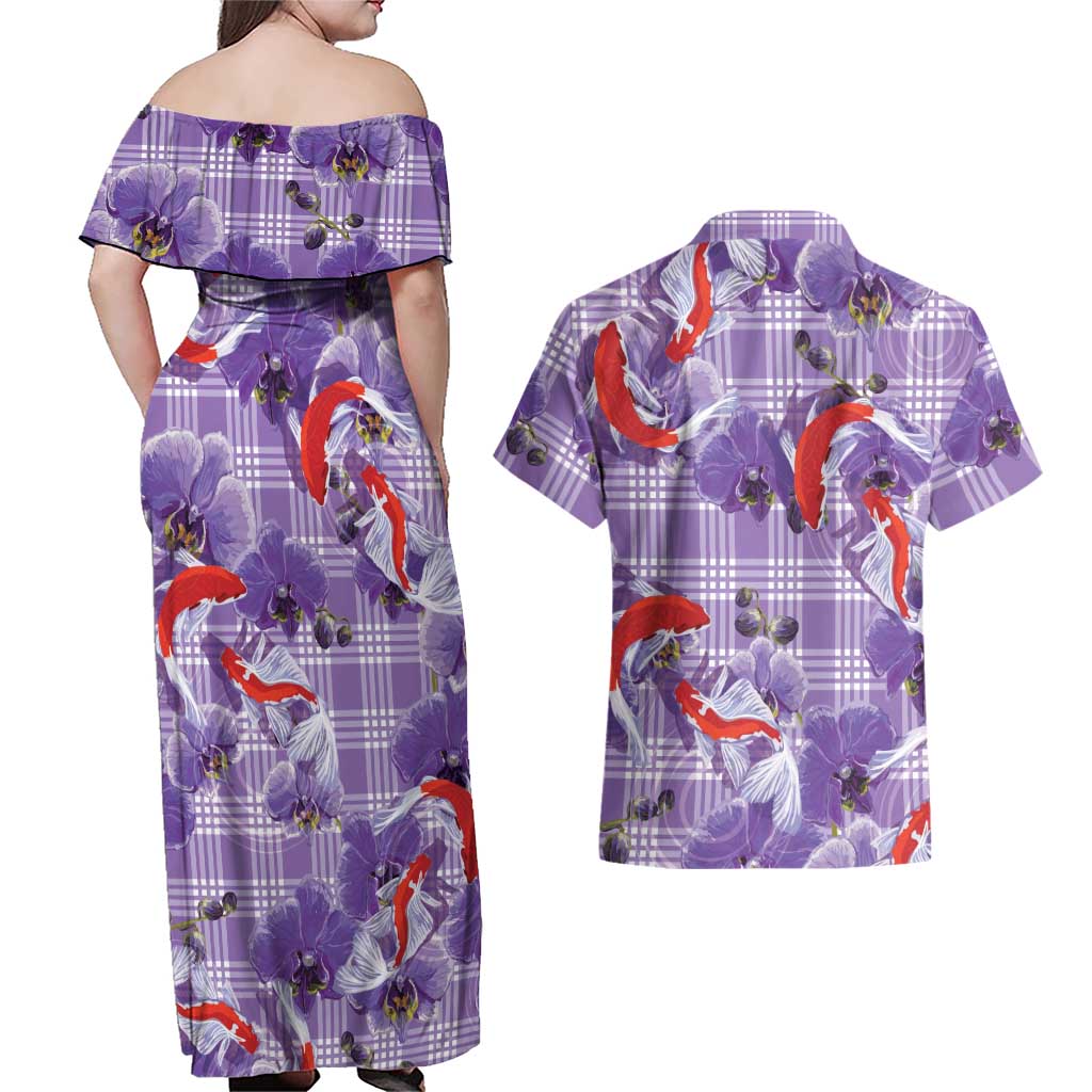 Lavender Palaka Hawaii Aloha Couples Matching Off Shoulder Maxi Dress and Hawaiian Shirt Koi Pond Mix Orchids - Polynesian Pride