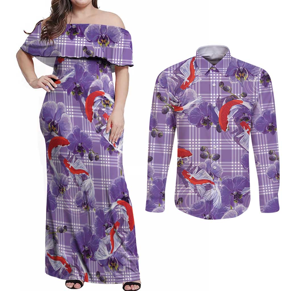 Lavender Palaka Hawaii Aloha Couples Matching Off Shoulder Maxi Dress and Long Sleeve Button Shirt Koi Pond Mix Orchids - Polynesian Pride
