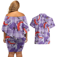 Lavender Palaka Hawaii Aloha Couples Matching Off Shoulder Short Dress and Hawaiian Shirt Koi Pond Mix Orchids - Polynesian Pride