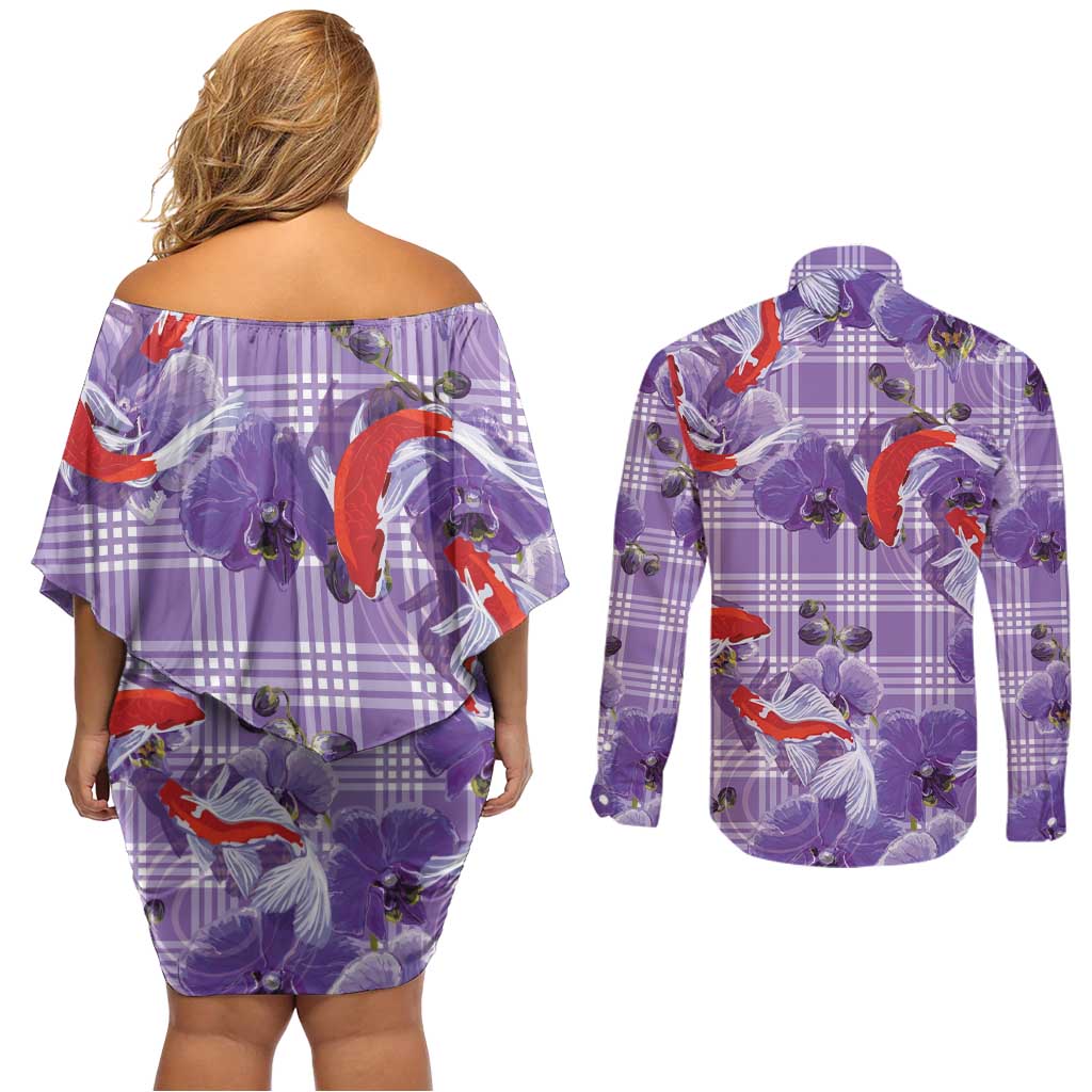 Lavender Palaka Hawaii Aloha Couples Matching Off Shoulder Short Dress and Long Sleeve Button Shirt Koi Pond Mix Orchids - Polynesian Pride