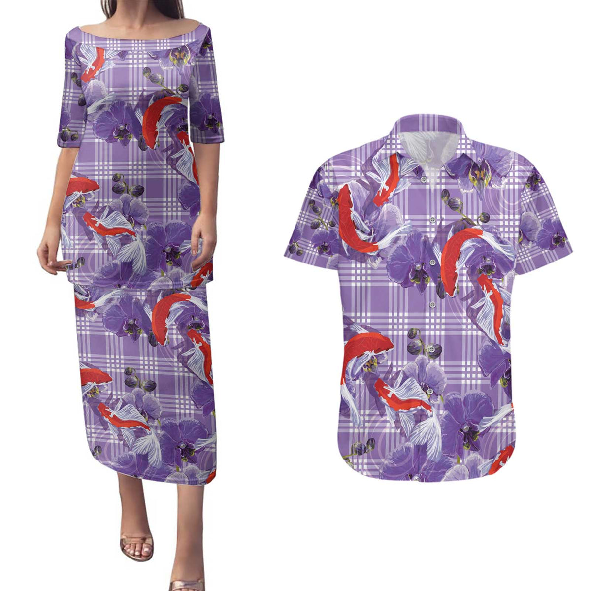 Lavender Palaka Hawaii Aloha Couples Matching Puletasi and Hawaiian Shirt Koi Pond Mix Orchids - Polynesian Pride