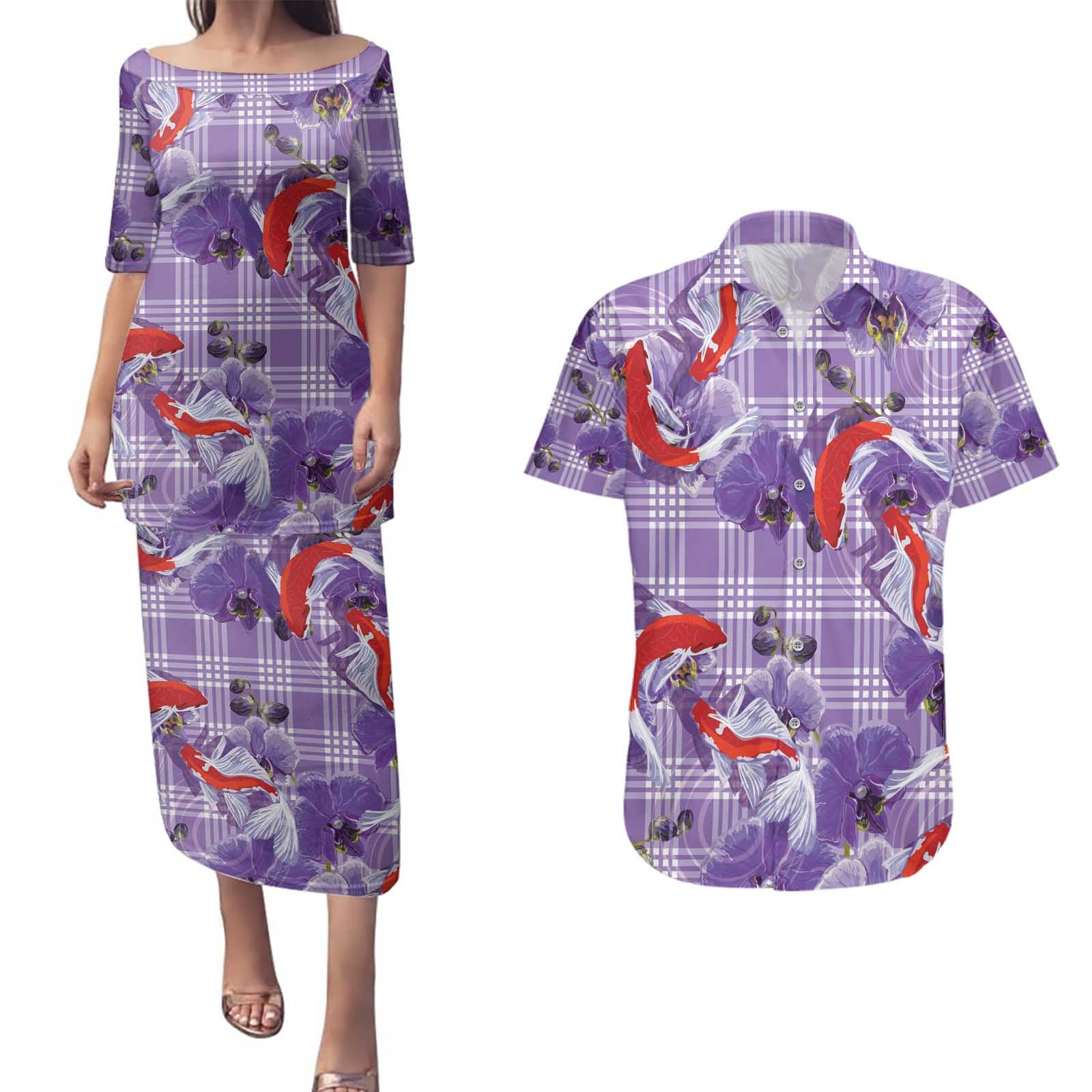 Lavender Palaka Hawaii Aloha Couples Matching Puletasi and Hawaiian Shirt Koi Pond Mix Orchids - Polynesian Pride