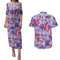 Lavender Palaka Hawaii Aloha Couples Matching Puletasi and Hawaiian Shirt Koi Pond Mix Orchids - Polynesian Pride