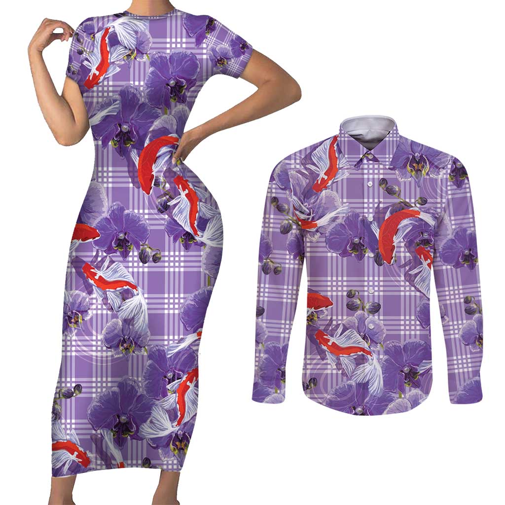 Lavender Palaka Hawaii Aloha Couples Matching Short Sleeve Bodycon Dress and Long Sleeve Button Shirt Koi Pond Mix Orchids - Polynesian Pride