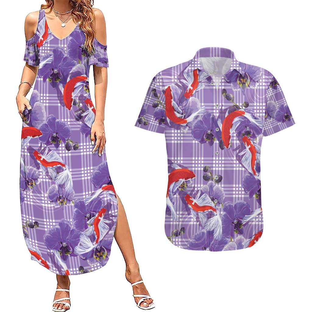 Lavender Palaka Hawaii Aloha Couples Matching Summer Maxi Dress and Hawaiian Shirt Koi Pond Mix Orchids - Polynesian Pride
