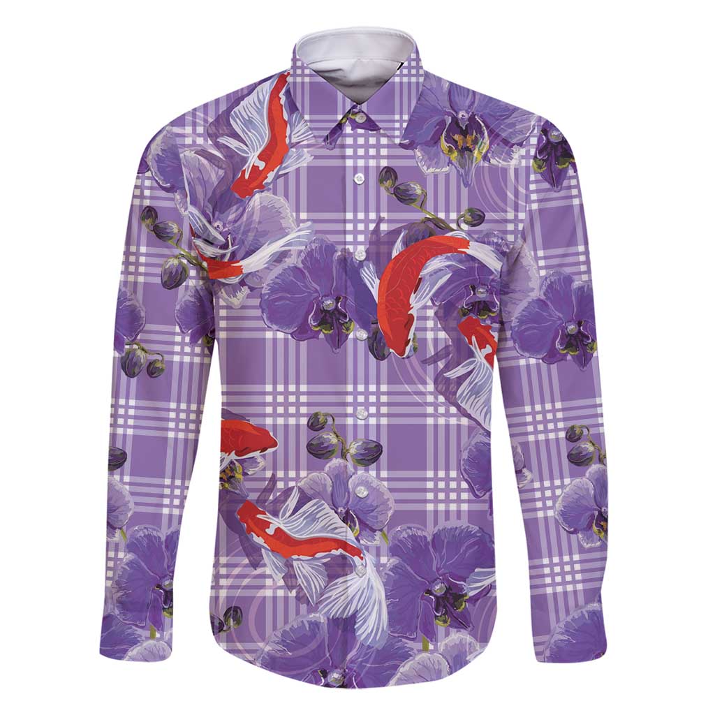 Lavender Palaka Hawaii Aloha Family Matching Long Sleeve Bodycon Dress and Hawaiian Shirt Koi Pond Mix Orchids - Polynesian Pride