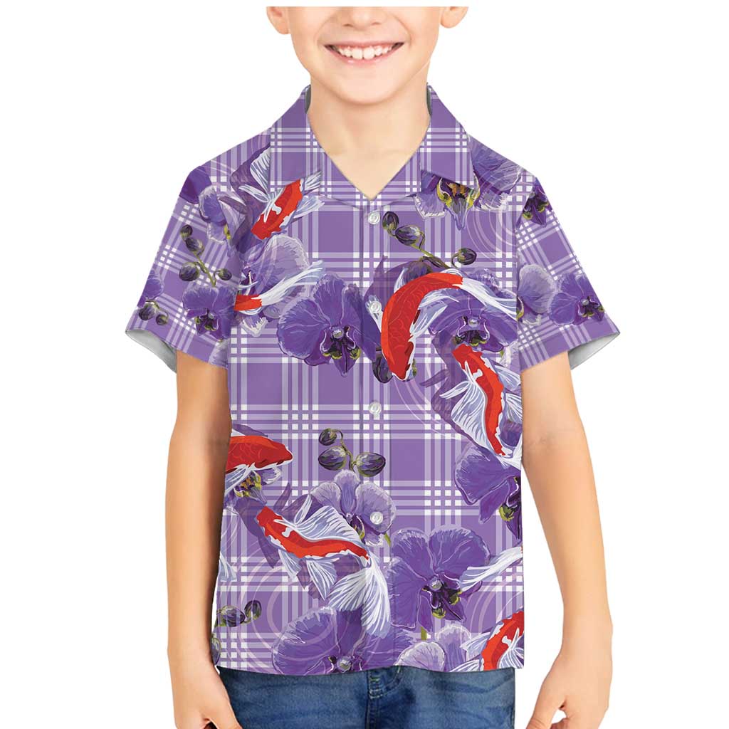 Lavender Palaka Hawaii Aloha Family Matching Mermaid Dress and Hawaiian Shirt Koi Pond Mix Orchids - Polynesian Pride