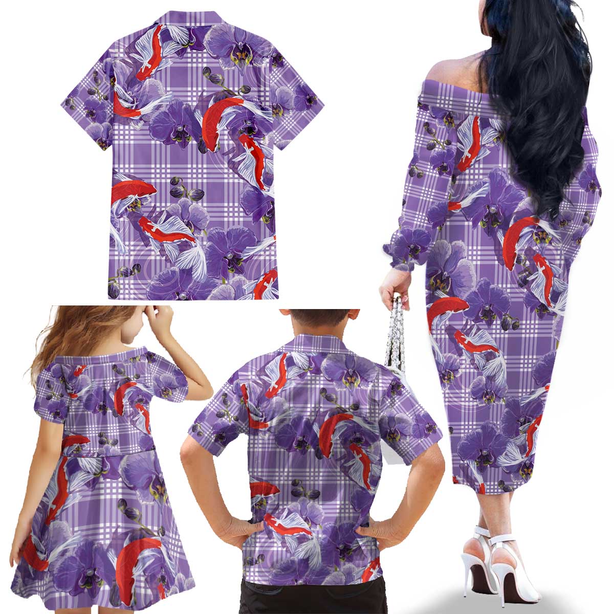 Lavender Palaka Hawaii Aloha Family Matching Off The Shoulder Long Sleeve Dress and Hawaiian Shirt Koi Pond Mix Orchids - Polynesian Pride