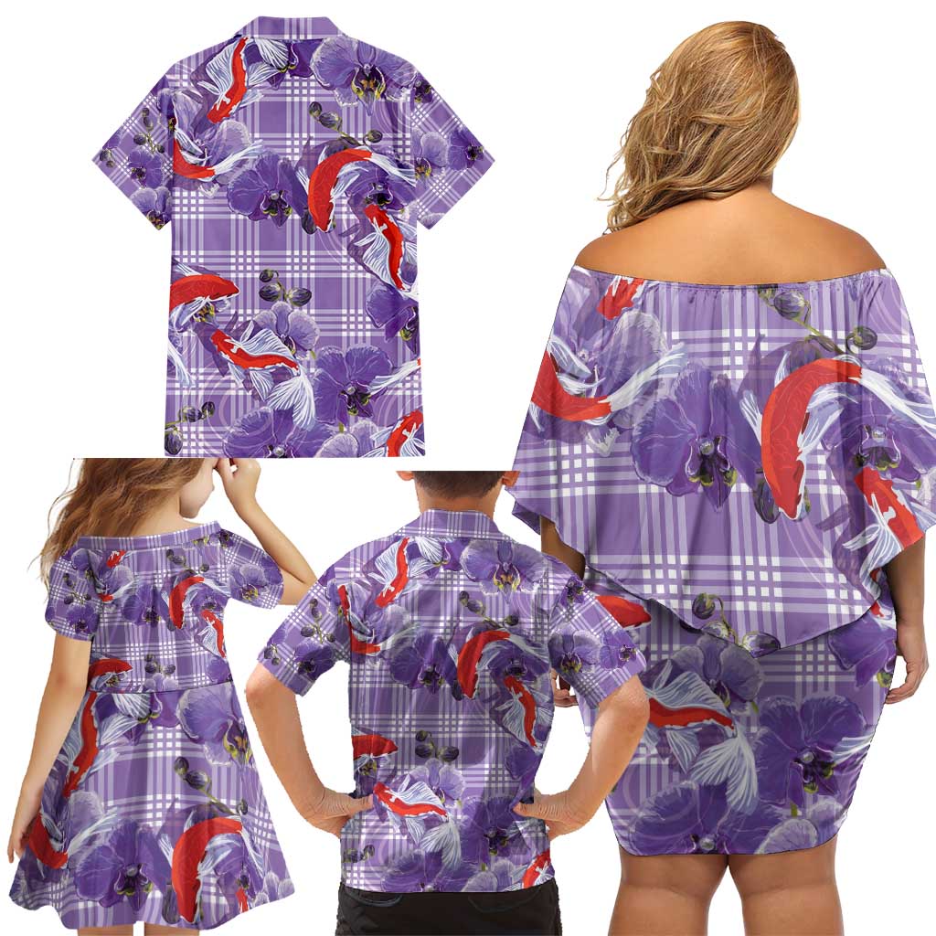 Lavender Palaka Hawaii Aloha Family Matching Off Shoulder Short Dress and Hawaiian Shirt Koi Pond Mix Orchids - Polynesian Pride