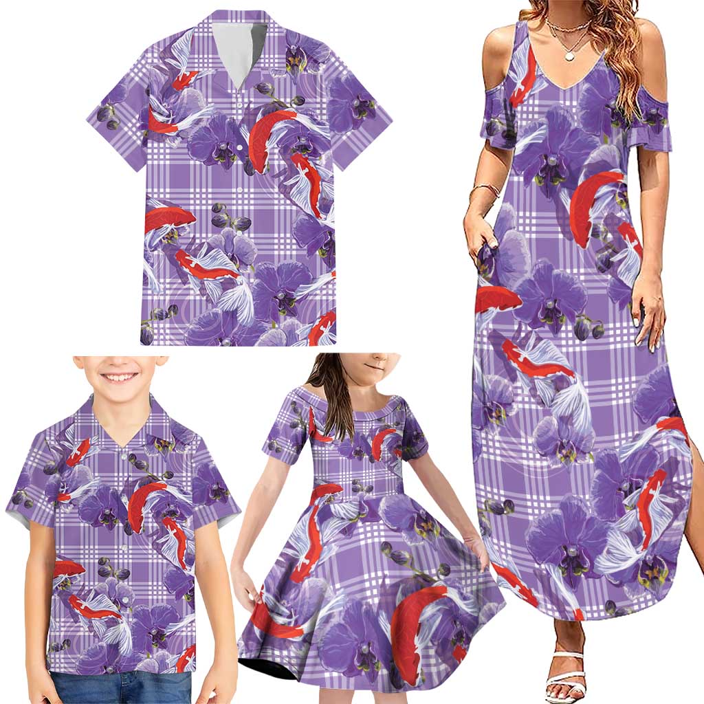 Lavender Palaka Hawaii Aloha Family Matching Summer Maxi Dress and Hawaiian Shirt Koi Pond Mix Orchids - Polynesian Pride