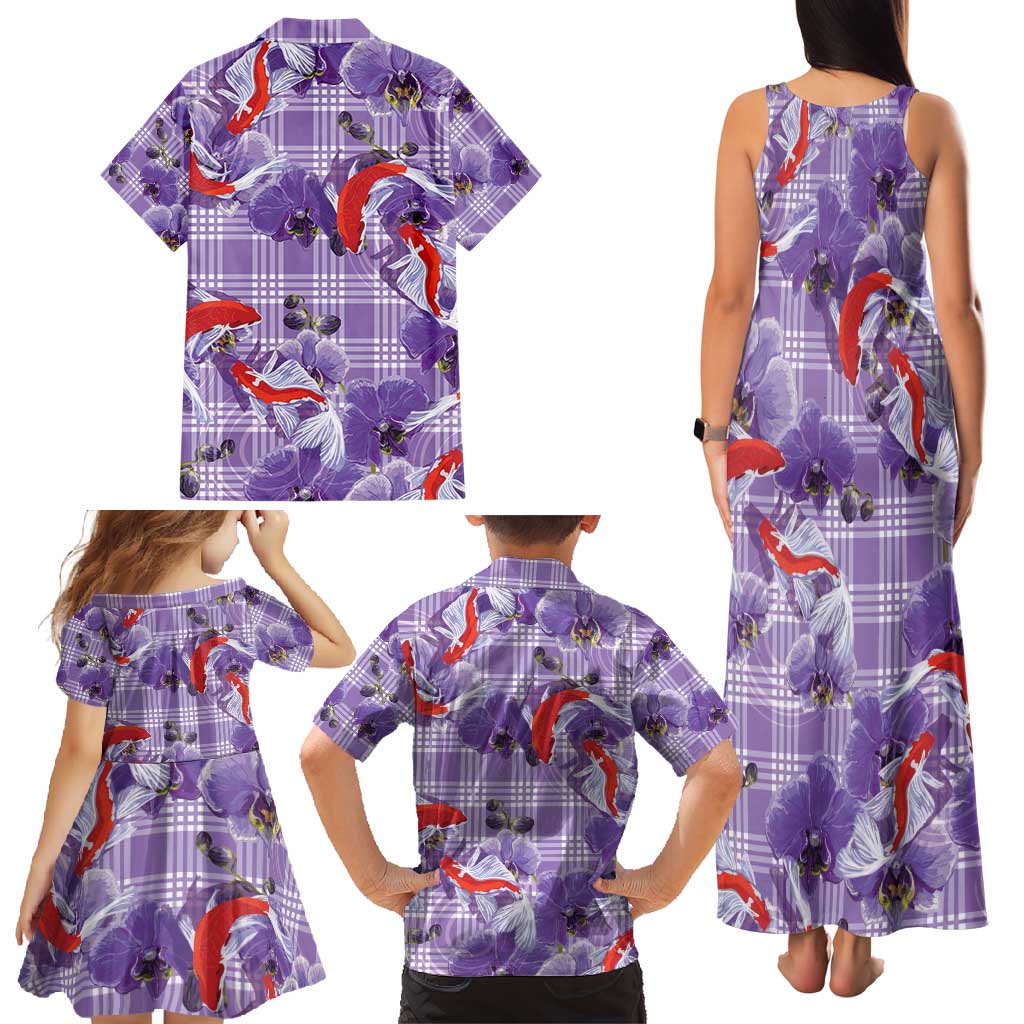 Lavender Palaka Hawaii Aloha Family Matching Tank Maxi Dress and Hawaiian Shirt Koi Pond Mix Orchids - Polynesian Pride