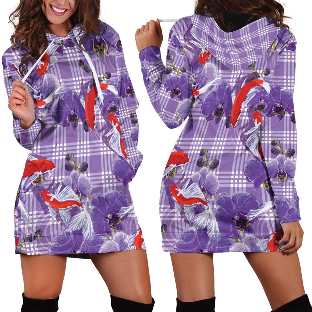 Lavender Palaka Hawaii Aloha Hoodie Dress Koi Pond Mix Orchids - Polynesian Pride