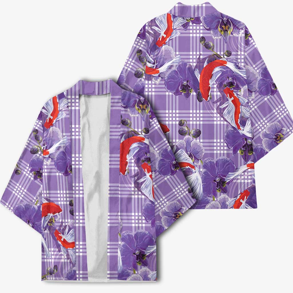 Lavender Palaka Hawaii Aloha Kimono Koi Pond Mix Orchids - Polynesian Pride